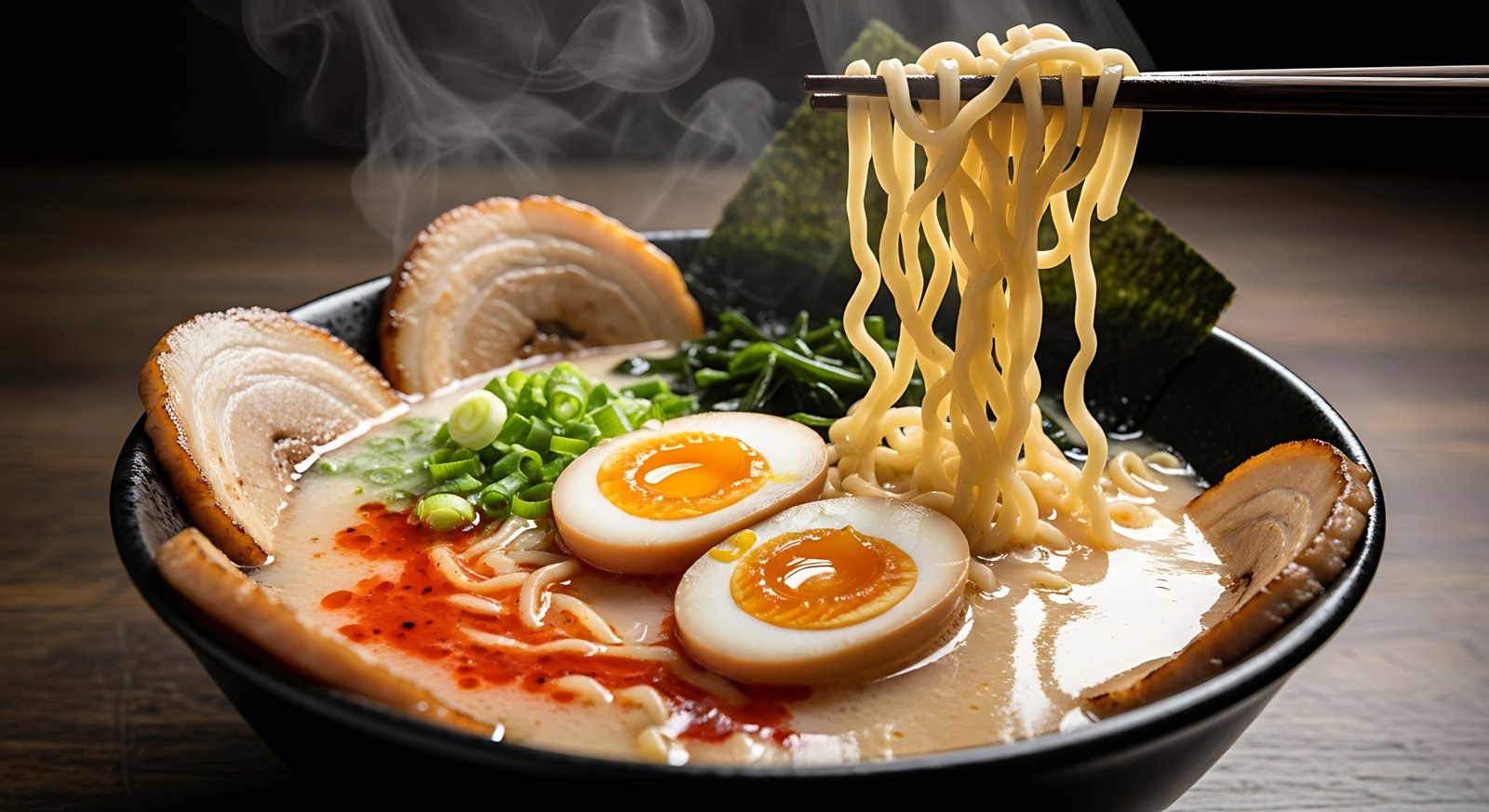 Tonkotsu Ramen — rich pork bone broth with house chashu, soft egg, green onion, and nori